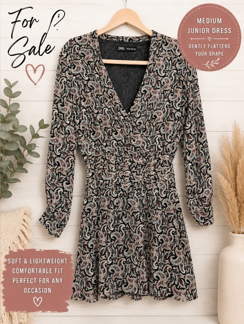 Zara Black Paisley V-Neck Mini Dress with Cream & Blush Accents